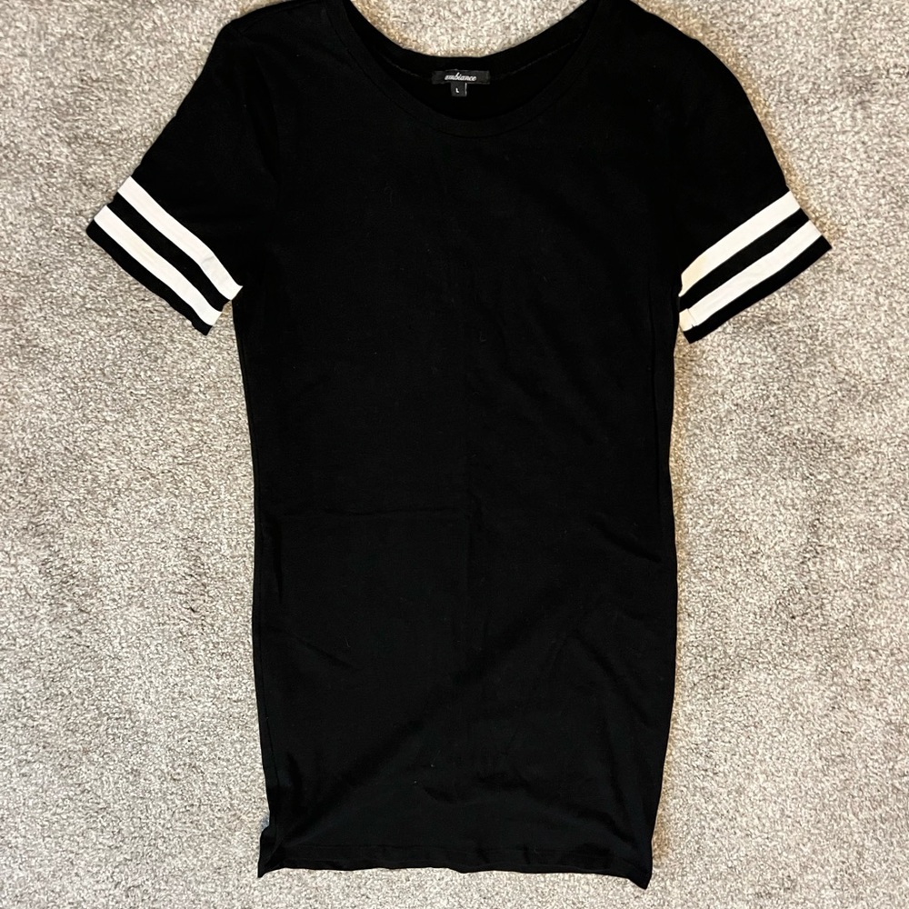 Ambiance black spandex dress with striped sleeve. Size large fits like medium